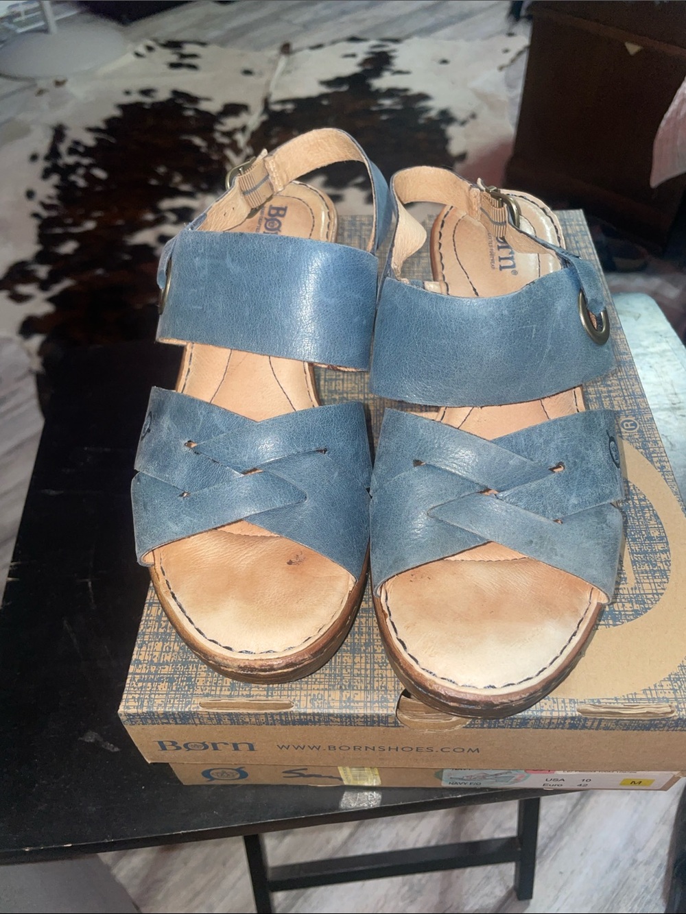 Born Blue Leather Crisscross Slingback Sandals